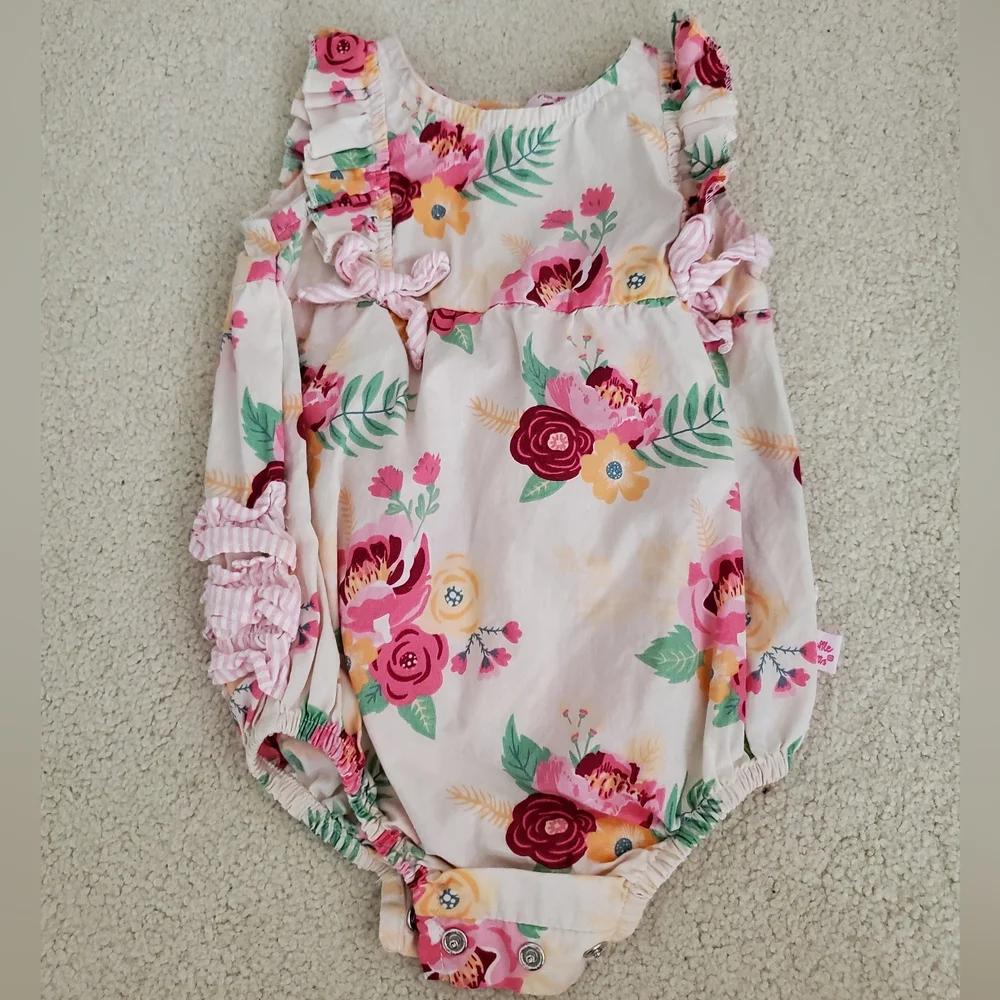 Ruffle Butts Baby Girl Pink Floral Romper Bubble with Ruffles sz3-6m